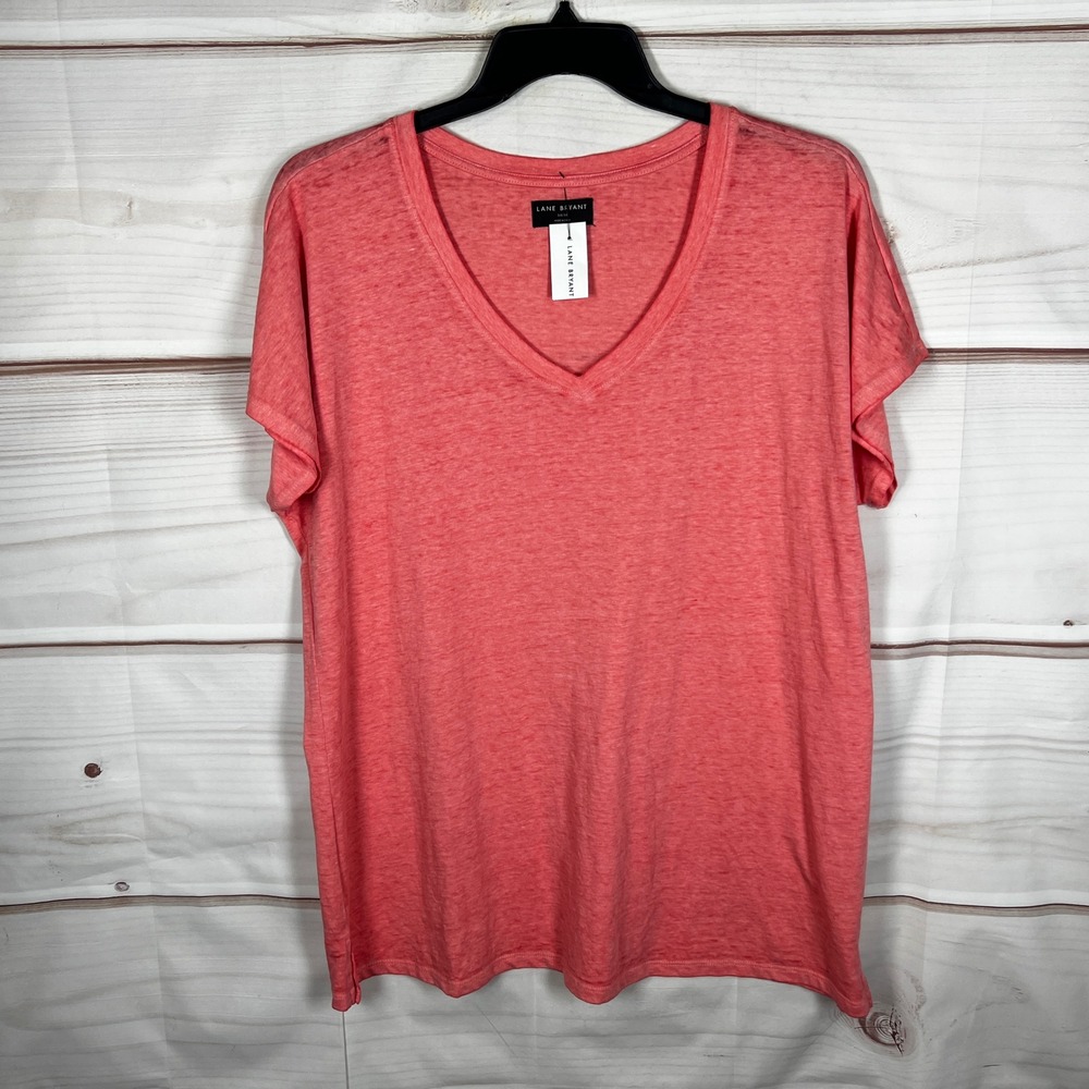 Lane Bryant V-Neck Top Womens 14 16 Orange Slub Knit Short Sleeve Casual T-Shirt